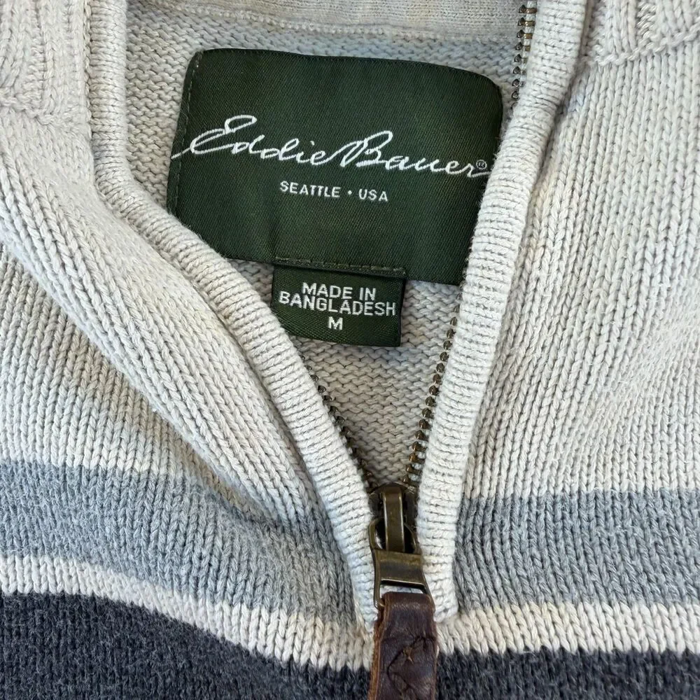 Eddie Bauer Sweater Mens Medium 1/4 Zip Cotton Stripe Pullover